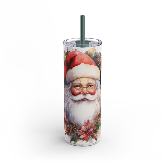 Festive 20oz sublimation tumbler featuring a classic Santa Claus design surrounded by holiday greenery, pinecones, and poinsettias. Accented with delicate snowflakes, this double-walled tumbler keeps beverages hot or cold and includes a reusable straw. Perfect for spreading holiday cheer and gifting during the Christmas season.