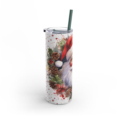Festive 20oz sublimation tumbler featuring a classic Santa Claus design surrounded by holiday greenery, pinecones, and poinsettias. Accented with delicate snowflakes, this double-walled tumbler keeps beverages hot or cold and includes a reusable straw. Perfect for spreading holiday cheer and gifting during the Christmas season.