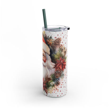 Festive 20oz sublimation tumbler featuring a classic Santa Claus design surrounded by holiday greenery, pinecones, and poinsettias. Accented with delicate snowflakes, this double-walled tumbler keeps beverages hot or cold and includes a reusable straw. Perfect for spreading holiday cheer and gifting during the Christmas season.