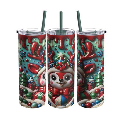 Christmas-themed stainless steel tumbler featuring a vibrant, festive design of a cheerful reindeer adorned with a Santa hat, holly, and colorful ornaments. The background showcases a playful green and red dripping pattern reminiscent of holiday candy. Includes a green straw and clear lid. Perfect for hot or cold beverages during the holiday season. Ideal for gifts or personal use. High-quality sublimation printing ensures durability and a vibrant finish.