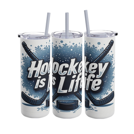 Dynamic 20oz sublimation tumbler showcasing the bold phrase 'Hockey is Life' with hockey sticks, puck, and ice splash details. Designed for hockey fans, this double-walled tumbler keeps beverages hot or cold and includes a reusable straw for sustainable hydration