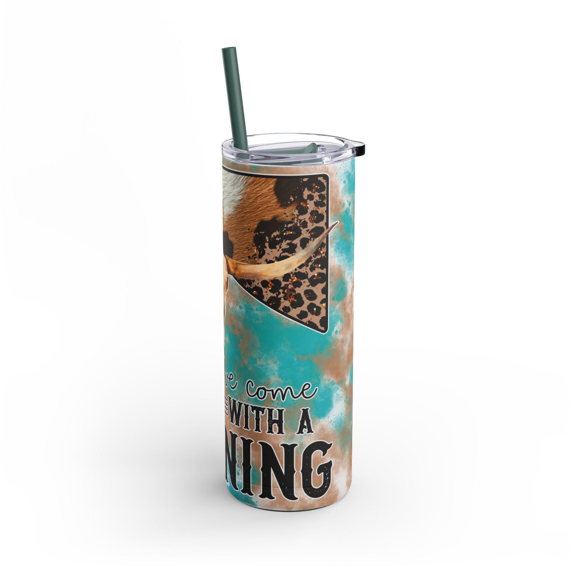 Bold 20oz sublimation tumbler featuring a rustic longhorn skull, turquoise and brown distressed background, and leopard print accents with the phrase 'Should've Come with a Warning.' Perfect for country and western enthusiasts, this double-walled tumbler keeps drinks hot or cold and includes a reusable straw for eco-friendly hydration.