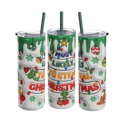 Playful 20oz sublimation tumbler with a festive holiday theme featuring vibrant green drips, ornaments, and the humorous phrase 'Most Likely to Steal Christmas.' Perfect for holiday gifting, this double-walled tumbler keeps beverages hot or cold and includes a reusable straw for sustainable sipping.
