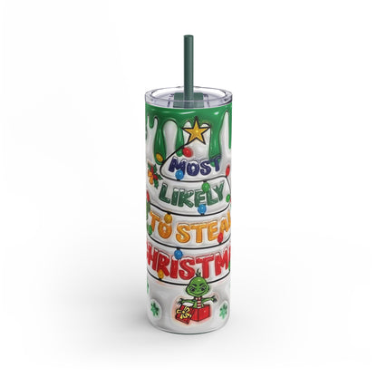 Playful 20oz sublimation tumbler with a festive holiday theme featuring vibrant green drips, ornaments, and the humorous phrase 'Most Likely to Steal Christmas.' Perfect for holiday gifting, this double-walled tumbler keeps beverages hot or cold and includes a reusable straw for sustainable sipping.