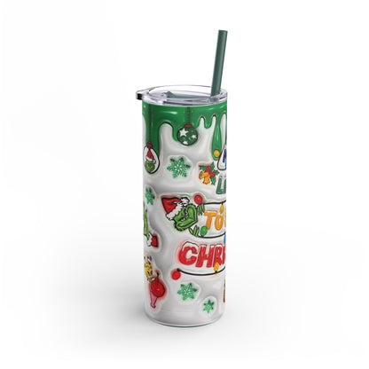 Playful 20oz sublimation tumbler with a festive holiday theme featuring vibrant green drips, ornaments, and the humorous phrase 'Most Likely to Steal Christmas.' Perfect for holiday gifting, this double-walled tumbler keeps beverages hot or cold and includes a reusable straw for sustainable sipping.