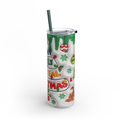 Playful 20oz sublimation tumbler with a festive holiday theme featuring vibrant green drips, ornaments, and the humorous phrase 'Most Likely to Steal Christmas.' Perfect for holiday gifting, this double-walled tumbler keeps beverages hot or cold and includes a reusable straw for sustainable sipping.