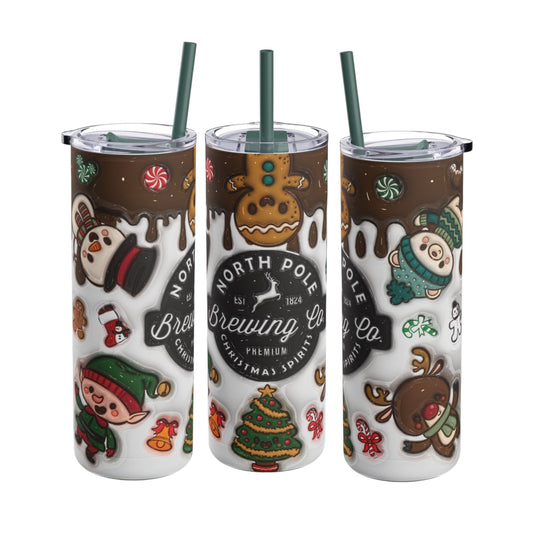 Festive 20oz sublimation tumbler featuring the whimsical 'North Pole Brewing Co.' design with adorable gingerbread, reindeer, elves, and holiday treats. With chocolate-drip accents and a Christmas theme, this double-walled tumbler keeps drinks hot or cold and includes a reusable straw, making it a perfect seasonal gift