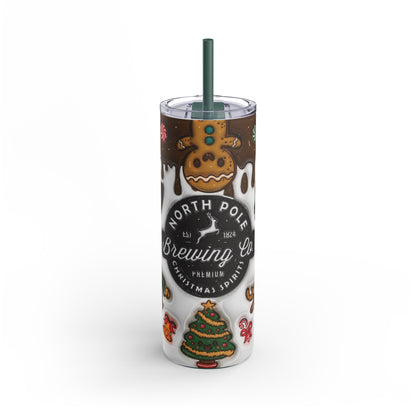 Festive 20oz sublimation tumbler featuring the whimsical 'North Pole Brewing Co.' design with adorable gingerbread, reindeer, elves, and holiday treats. With chocolate-drip accents and a Christmas theme, this double-walled tumbler keeps drinks hot or cold and includes a reusable straw, making it a perfect seasonal gift