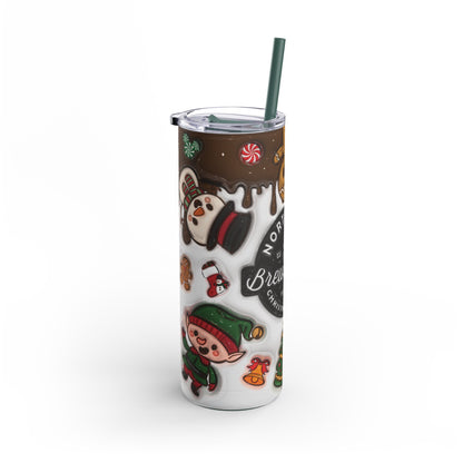 Festive 20oz sublimation tumbler featuring the whimsical 'North Pole Brewing Co.' design with adorable gingerbread, reindeer, elves, and holiday treats. With chocolate-drip accents and a Christmas theme, this double-walled tumbler keeps drinks hot or cold and includes a reusable straw, making it a perfect seasonal gift