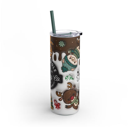 Festive 20oz sublimation tumbler featuring the whimsical 'North Pole Brewing Co.' design with adorable gingerbread, reindeer, elves, and holiday treats. With chocolate-drip accents and a Christmas theme, this double-walled tumbler keeps drinks hot or cold and includes a reusable straw, making it a perfect seasonal gift