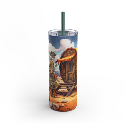 Rustic 20oz sublimation tumbler celebrating 'Raised on 90s Country Music' with charming cowboy boots, a hat, and a scenic countryside wagon design. Featuring vibrant landscapes and earthy tones, this double-walled tumbler keeps drinks hot or cold and includes a reusable straw, perfect for country music lovers and western lifestyle enthusiasts