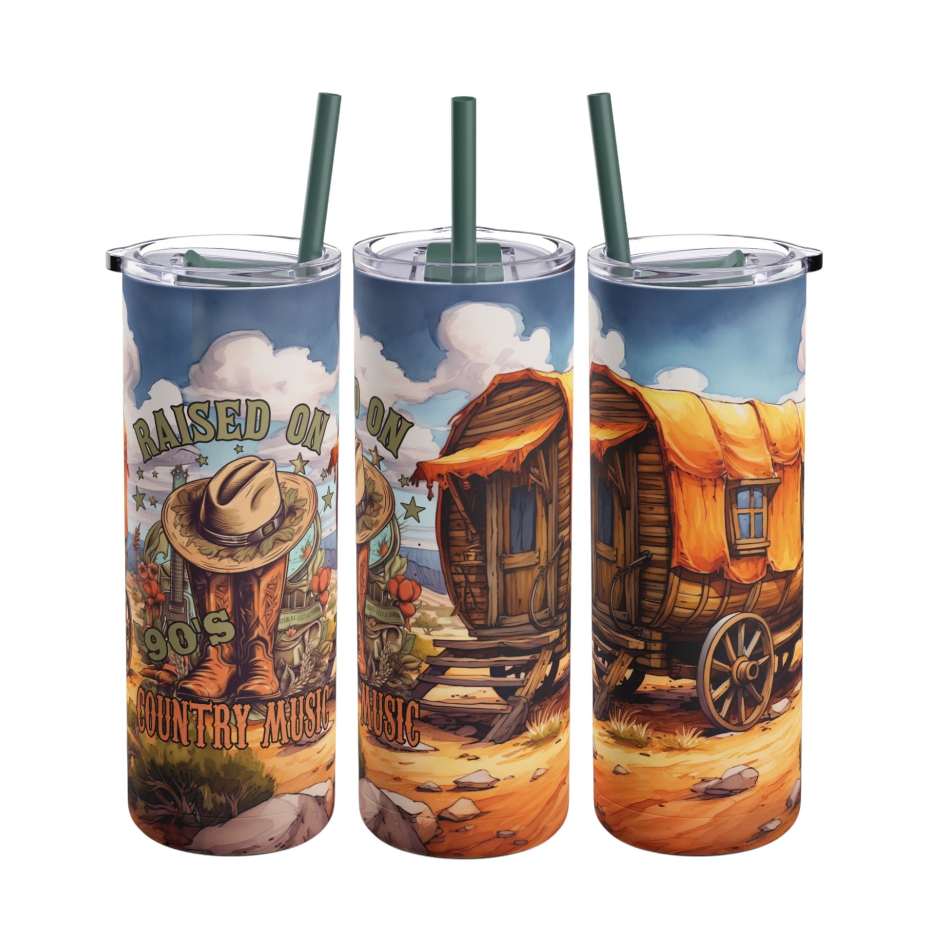 Rustic 20oz sublimation tumbler celebrating 'Raised on 90s Country Music' with charming cowboy boots, a hat, and a scenic countryside wagon design. Featuring vibrant landscapes and earthy tones, this double-walled tumbler keeps drinks hot or cold and includes a reusable straw, perfect for country music lovers and western lifestyle enthusiasts