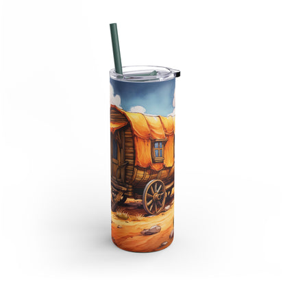 Rustic 20oz sublimation tumbler celebrating 'Raised on 90s Country Music' with charming cowboy boots, a hat, and a scenic countryside wagon design. Featuring vibrant landscapes and earthy tones, this double-walled tumbler keeps drinks hot or cold and includes a reusable straw, perfect for country music lovers and western lifestyle enthusiasts