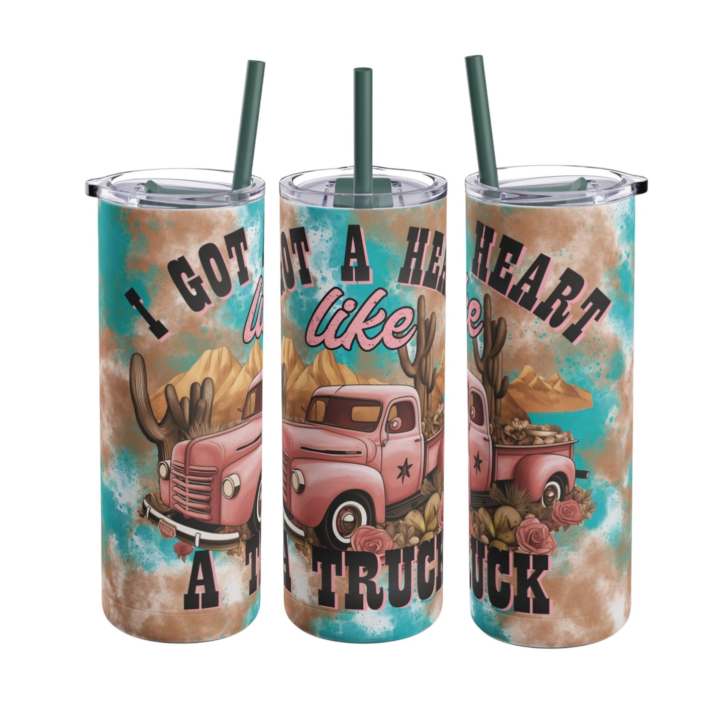 Rustic 20oz sublimation tumbler featuring a vintage pink truck design with the phrase 'I Got a Heart Like a Truck.' Complete with desert and cactus details, this double-walled tumbler is perfect for keeping drinks hot or cold and includes a reusable straw for sustainable use. Ideal for country and vintage lifestyle fans