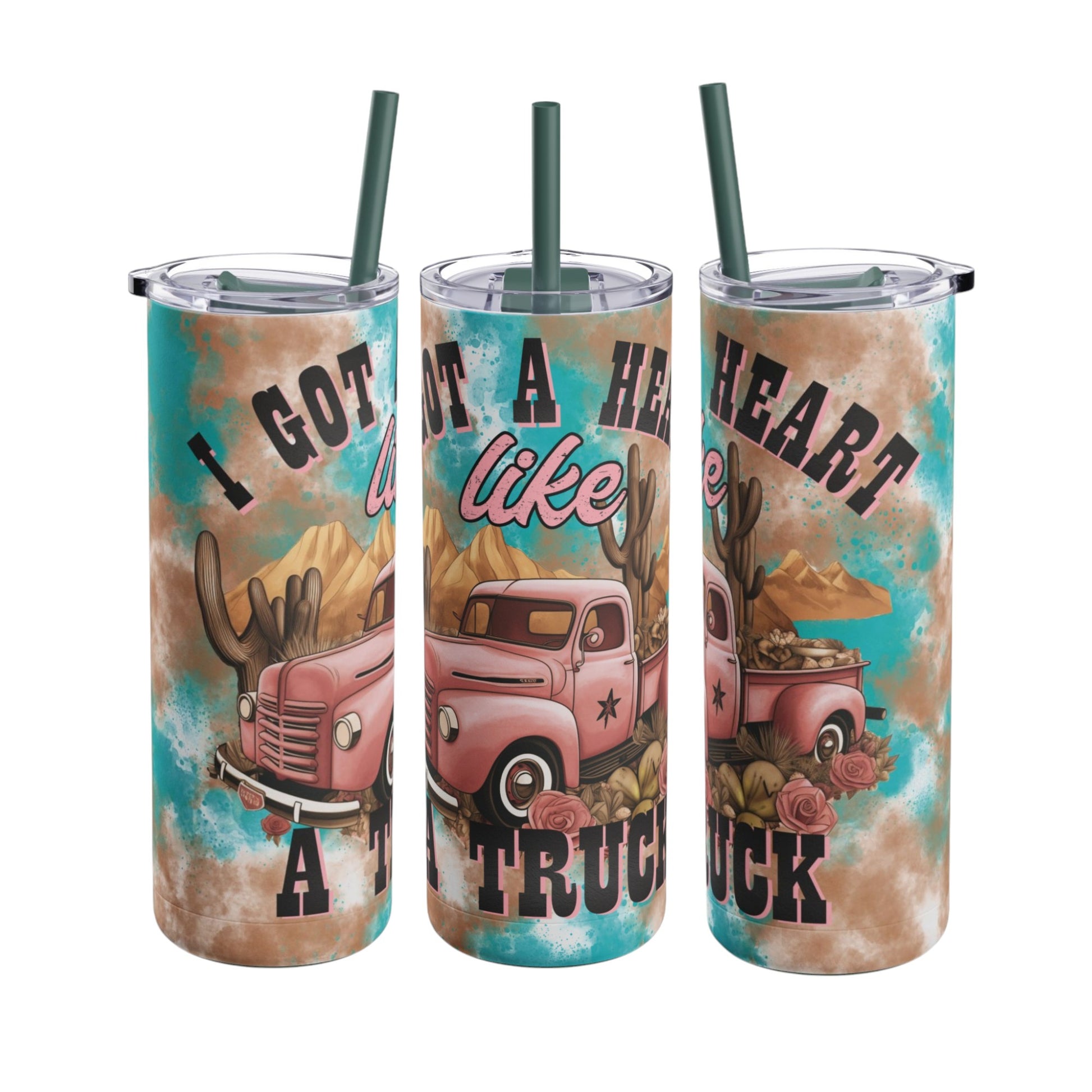 Rustic 20oz sublimation tumbler featuring a vintage pink truck design with the phrase 'I Got a Heart Like a Truck.' Complete with desert and cactus details, this double-walled tumbler is perfect for keeping drinks hot or cold and includes a reusable straw for sustainable use. Ideal for country and vintage lifestyle fans