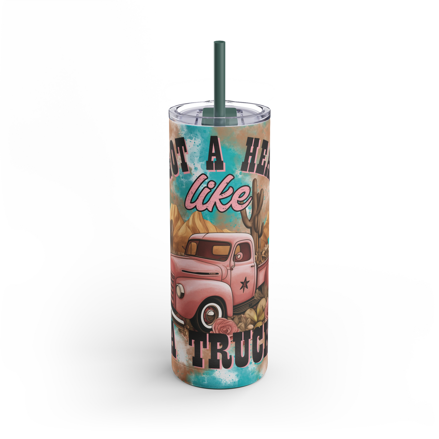 Rustic 20oz sublimation tumbler featuring a vintage pink truck design with the phrase 'I Got a Heart Like a Truck.' Complete with desert and cactus details, this double-walled tumbler is perfect for keeping drinks hot or cold and includes a reusable straw for sustainable use. Ideal for country and vintage lifestyle fans