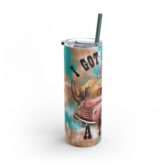 Rustic 20oz sublimation tumbler featuring a vintage pink truck design with the phrase 'I Got a Heart Like a Truck.' Complete with desert and cactus details, this double-walled tumbler is perfect for keeping drinks hot or cold and includes a reusable straw for sustainable use. Ideal for country and vintage lifestyle fans