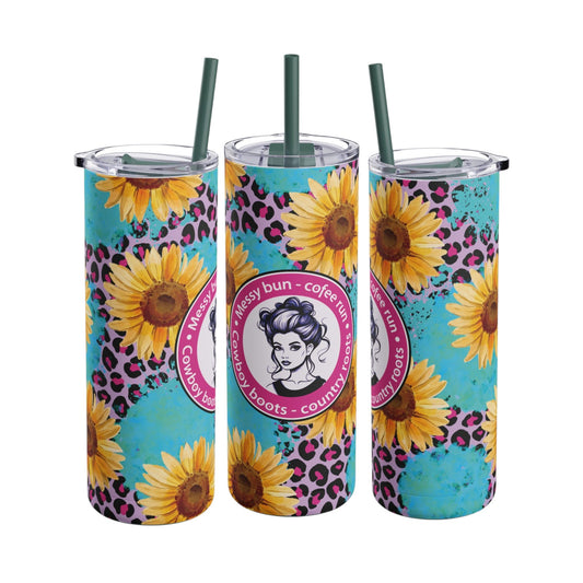 Trendy 20oz sublimation tumbler featuring vibrant sunflowers, bold leopard print, and the playful phrase 'Messy Bun - Coffee Run - Cowboy Boots - Country Roots.' Perfect for stylish country lifestyle enthusiasts, this double-walled tumbler keeps drinks hot or cold and includes a reusable straw for eco-friendly hydration