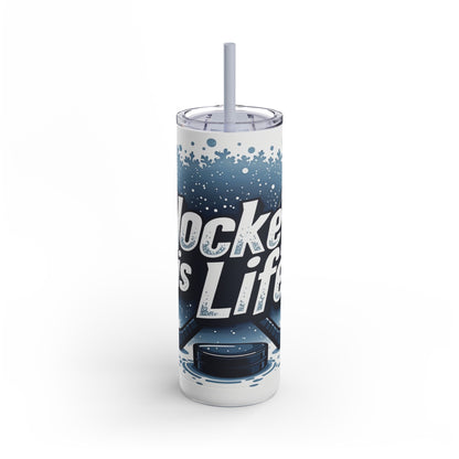 Dynamic 20oz sublimation tumbler showcasing the bold phrase 'Hockey is Life' with hockey sticks, puck, and ice splash details. Designed for hockey fans, this double-walled tumbler keeps beverages hot or cold and includes a reusable straw for sustainable hydration