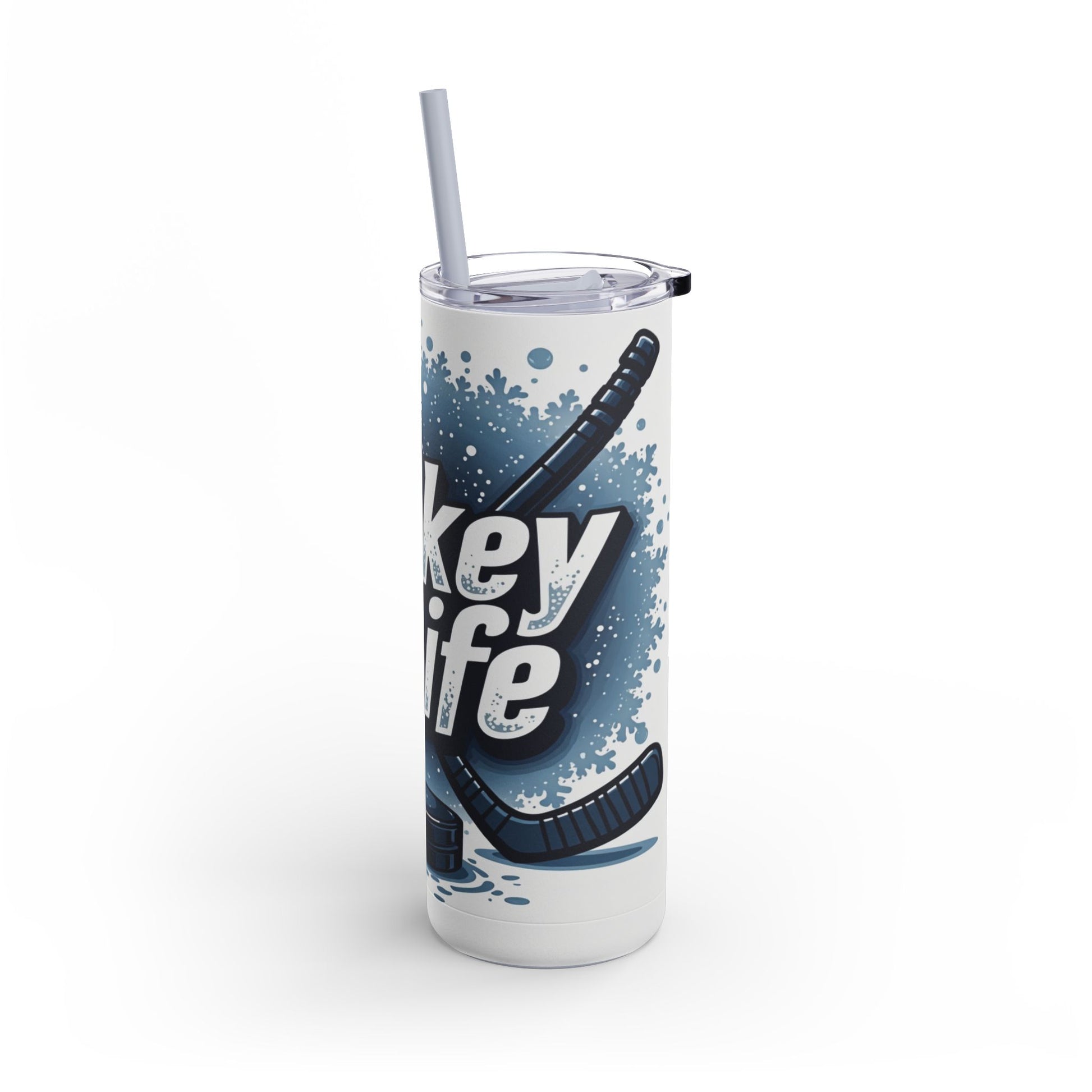 Dynamic 20oz sublimation tumbler showcasing the bold phrase 'Hockey is Life' with hockey sticks, puck, and ice splash details. Designed for hockey fans, this double-walled tumbler keeps beverages hot or cold and includes a reusable straw for sustainable hydration