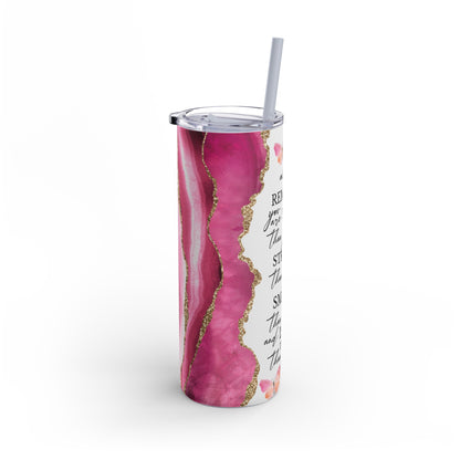 Elegant 20oz sublimation tumbler featuring a motivational quote, 'Always remember you are braver than you believe, stronger than you seem, smarter than you think, and loved more than you know.' Adorned with pink and gold marble accents and delicate butterfly designs, this double-walled tumbler keeps beverages hot or cold and includes a reusable straw. Perfect for gifting and daily inspiration.