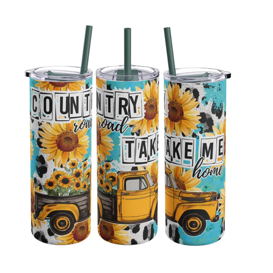 Vibrant 20oz sublimation tumbler featuring a cheerful sunflower and vintage yellow truck design with the phrase 'Country Road Take Me Home.' Double-walled for hot or cold beverages, includes a reusable straw, perfect for country music and rustic lifestyle enthusiasts