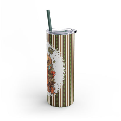 Retro-inspired 20oz sublimation tumbler featuring the nostalgic phrase 'Raised on 90s Country Music' with cowboy boots, a hat, and rustic accents. Designed with earthy tones and stripes, this double-walled tumbler keeps drinks hot or cold and includes a reusable straw, perfect for country music fans and vintage lovers.