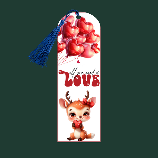 "Aluminum bookmark with red heart balloons, 'All you need is LOVE' text, and cute cartoon deer holding a heart, with a blue tassel."