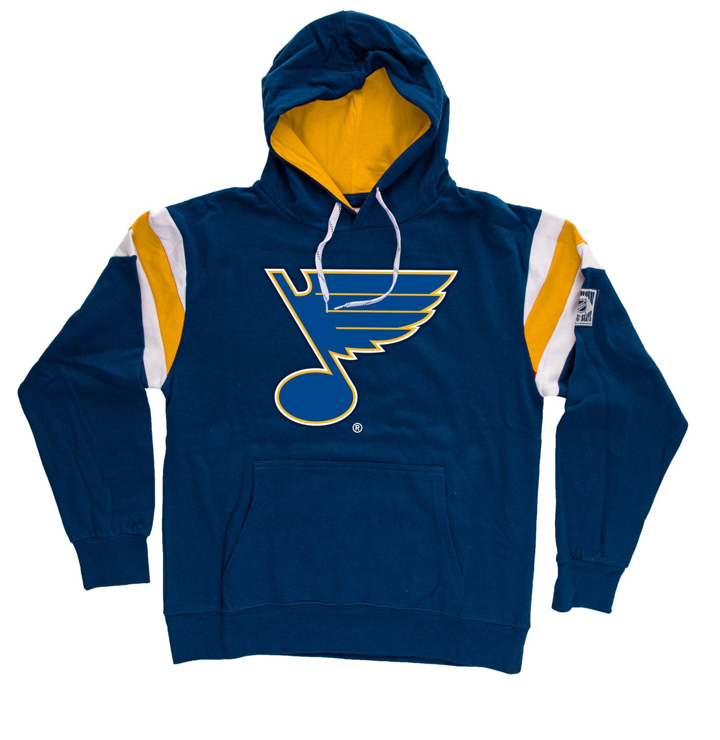 Blue hoodie with yellow accents and a logo on a white background