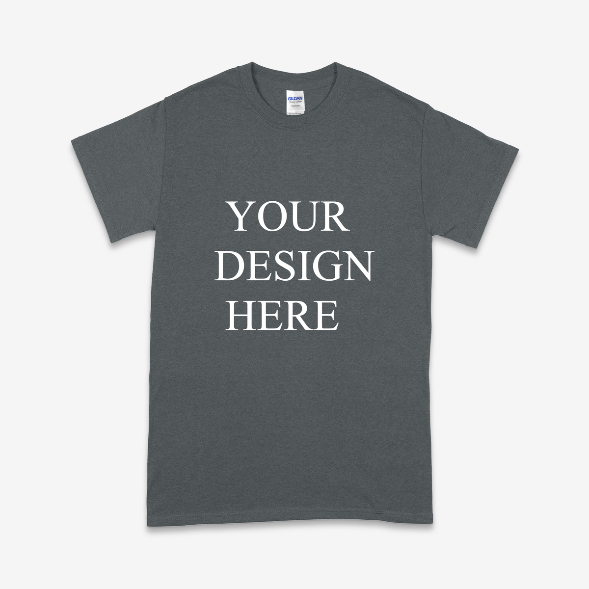 Gray t-shirt with 'Your Design Here' text on a white background