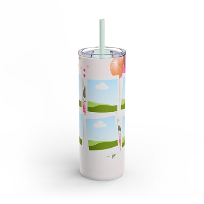 A set of three tall, stainless steel tumblers with reusable straws and clear lids. The design features placeholders for photo frames with scenic green hills and blue skies in the background. The tumblers are decorated with festive elements, including pink and orange balloons, colorful stars, and soft floral accents, creating a cheerful and celebratory theme.