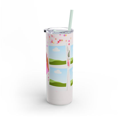 A set of three tall, stainless steel tumblers with reusable straws and clear lids. The design features placeholders for photo frames with scenic green hills and blue skies in the background. The tumblers are decorated with festive elements, including pink and orange balloons, colorful stars, and soft floral accents, creating a cheerful and celebratory theme.