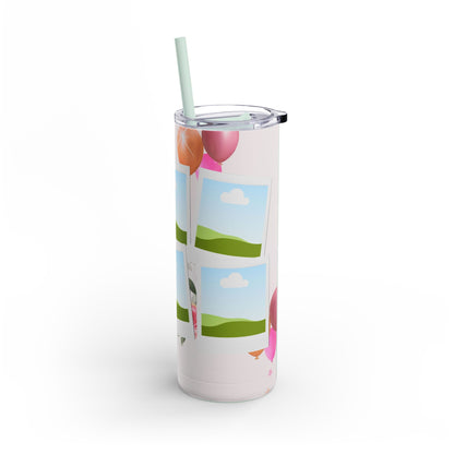 A set of three tall, stainless steel tumblers with reusable straws and clear lids. The design features placeholders for photo frames with scenic green hills and blue skies in the background. The tumblers are decorated with festive elements, including pink and orange balloons, colorful stars, and soft floral accents, creating a cheerful and celebratory theme.






