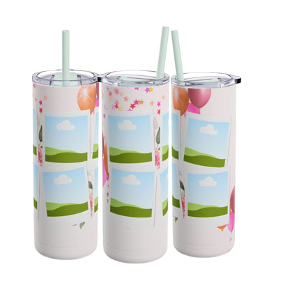 A set of three tall, stainless steel tumblers with reusable straws and clear lids. The design features placeholders for photo frames with scenic green hills and blue skies in the background. The tumblers are decorated with festive elements, including pink and orange balloons, colorful stars, and soft floral accents, creating a cheerful and celebratory theme.