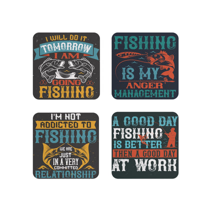 Set of 4 Fishing-Themed Coasters with Humorous Quotes: 'I Will Do It Tomorrow, I Am Going Fishing,' 'Fishing is My Anger Management,' 'I'm Not Addicted to Fishing, Just in a Very Committed Relationship,' and 'A Good Day Fishing is Better Than a Good Day at Work' – Perfect Sublimation Designs for Fishing Enthusiasts and Rustic Décor.