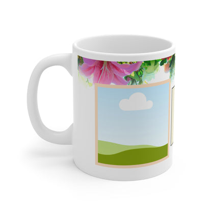 A white ceramic mug featuring a colorful floral design at the top, with vibrant pink, green, and orange flowers. The design includes a placeholder photo frame with a scenic illustration of green hills under a blue sky with a white cloud, bordered in soft peach. The floral elements give the mug a fresh, lively, and personalized touch, ideal for showcasing a favorite photo.