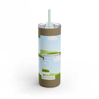 A set of three stainless steel tumblers with reusable straws and clear lids. The design features a warm brown background with placeholders for scenic photo frames showing green hills and blue skies. The central tumbler displays the phrase "Memories of Friends" and "Best Friend" in elegant, simple text. Additional details include green leaves, a daisy flower, and the heartfelt phrase "I love you so much, my friend!" on one tumbler. The design evokes a sense of friendship, nostalgia, and personalization.