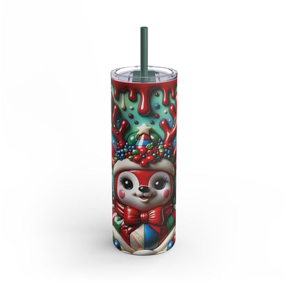 Christmas-themed stainless steel tumbler featuring a vibrant, festive design of a cheerful reindeer adorned with a Santa hat, holly, and colorful ornaments. The background showcases a playful green and red dripping pattern reminiscent of holiday candy. Includes a green straw and clear lid. Perfect for hot or cold beverages during the holiday season. Ideal for gifts or personal use. High-quality sublimation printing ensures durability and a vibrant finish.