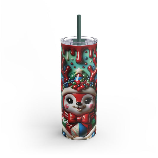 Christmas-themed stainless steel tumbler featuring a vibrant, festive design of a cheerful reindeer adorned with a Santa hat, holly, and colorful ornaments. The background showcases a playful green and red dripping pattern reminiscent of holiday candy. Includes a green straw and clear lid. Perfect for hot or cold beverages during the holiday season. Ideal for gifts or personal use. High-quality sublimation printing ensures durability and a vibrant finish.