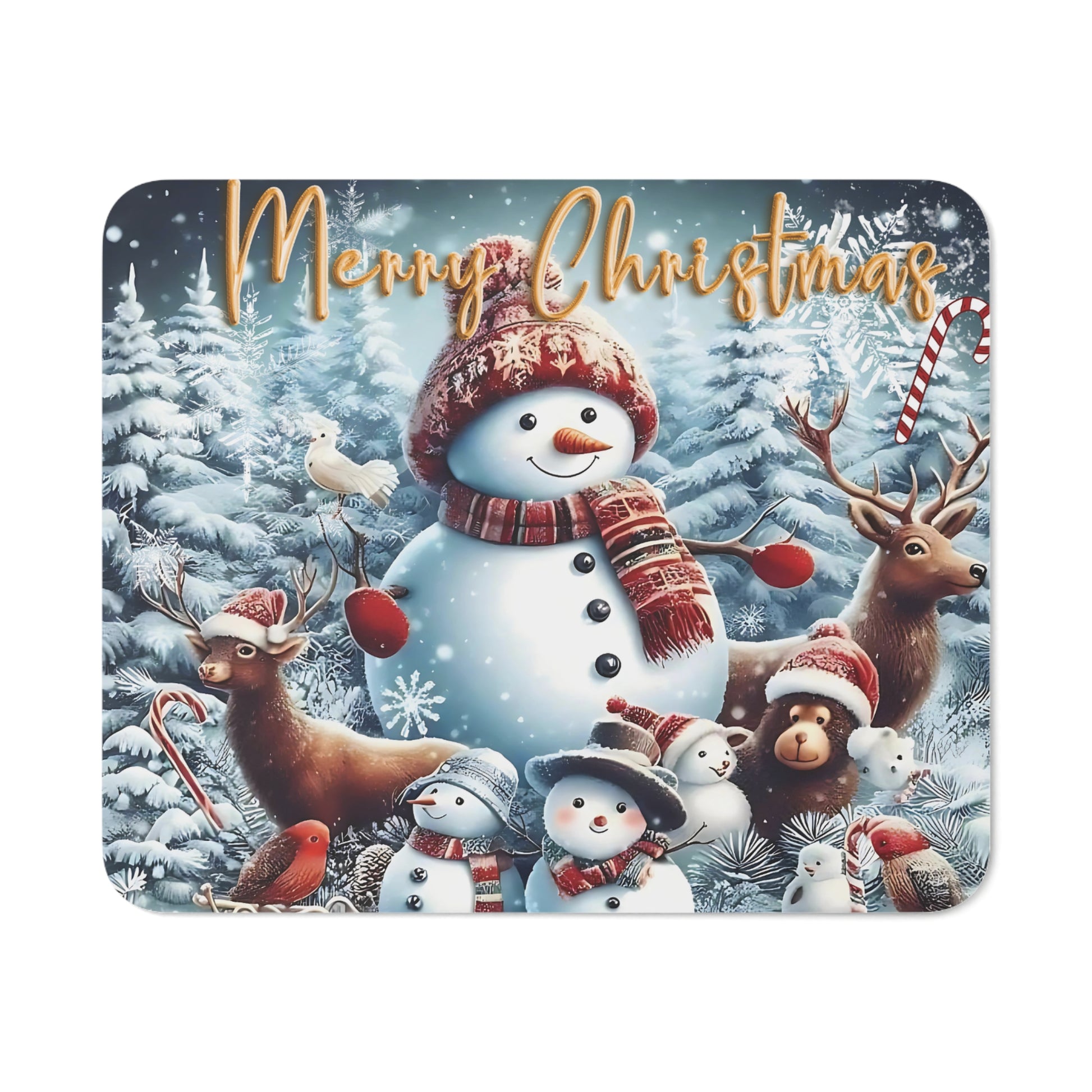Christmas Mouse Pad – A Whimsical Holiday Design Featuring Snowmen, Reindeer, and Forest Animals with a Festive 'Merry Christmas' Greeting. Perfect for Adding Seasonal Cheer to Your Workspace!"