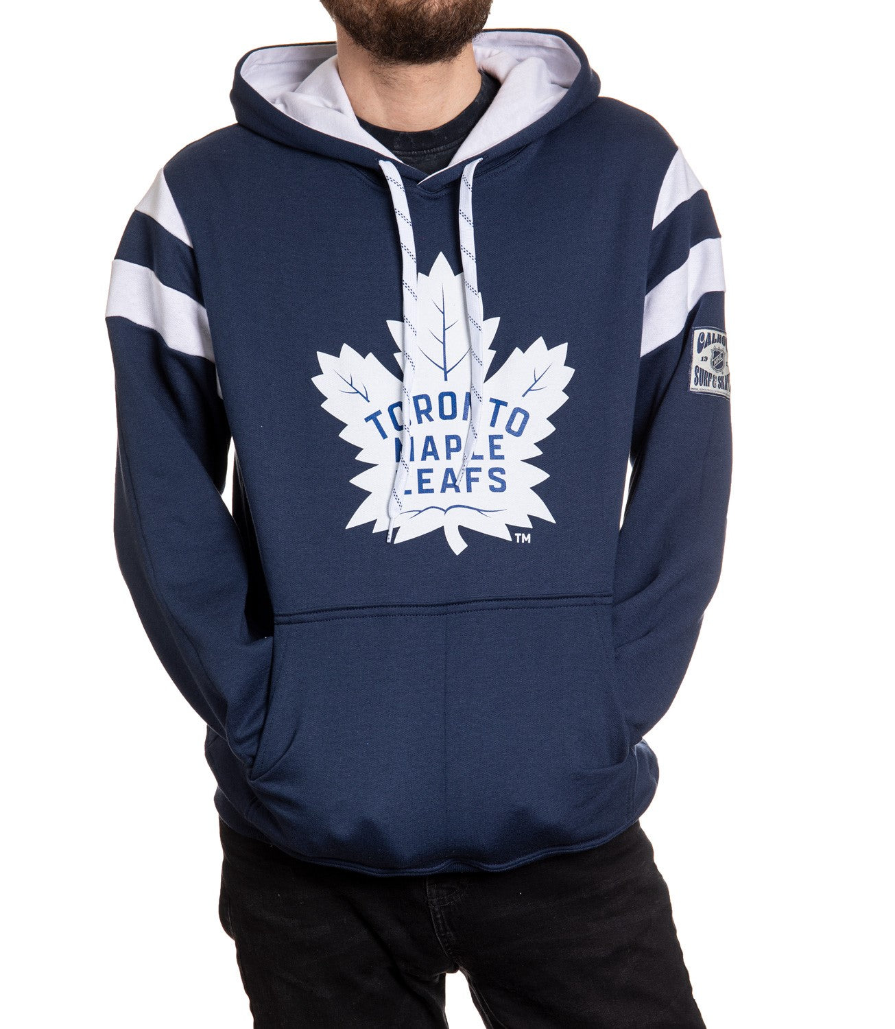 Navy blue hoodie with white maple leaf logo and 'Toronto Maple Leafs' text on a white background