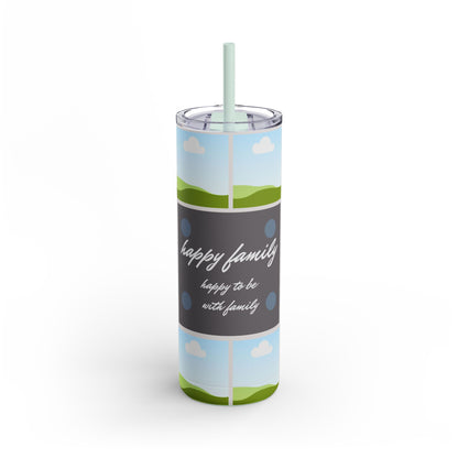 A set of three tall stainless steel tumblers with reusable straws and clear lids. The design features placeholders for family photos, set against a scenic backdrop of rolling green hills, blue skies, and fluffy white clouds. The center tumbler prominently displays the words "Happy Family" with the phrase "happy to be with family" written in elegant white script on a gray background with subtle decorative dots. This set combines a calming, family-centric theme with a modern and clean aesthetic.