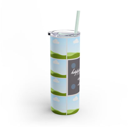 A set of three tall stainless steel tumblers with reusable straws and clear lids. The design features placeholders for family photos, set against a scenic backdrop of rolling green hills, blue skies, and fluffy white clouds. The center tumbler prominently displays the words "Happy Family" with the phrase "happy to be with family" written in elegant white script on a gray background with subtle decorative dots. This set combines a calming, family-centric theme with a modern and clean aesthetic.