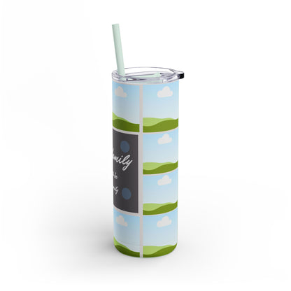 A set of three tall stainless steel tumblers with reusable straws and clear lids. The design features placeholders for family photos, set against a scenic backdrop of rolling green hills, blue skies, and fluffy white clouds. The center tumbler prominently displays the words "Happy Family" with the phrase "happy to be with family" written in elegant white script on a gray background with subtle decorative dots. This set combines a calming, family-centric theme with a modern and clean aesthetic.