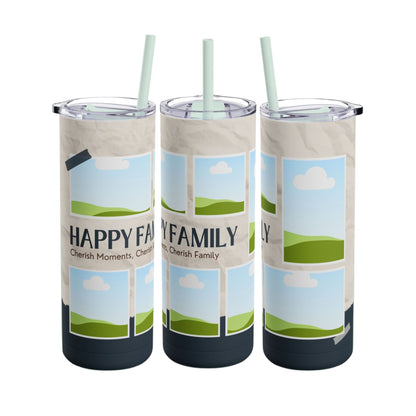 A set of three tall, stainless steel tumblers with clear lids and reusable straws. The tumblers feature a family-themed design with placeholder photo frames, soft beige backgrounds, and scenic green hills under a blue sky with white clouds. The words "HAPPY FAMILY" and the phrase "Cherish Moments, Cherish Family" are printed on the design, promoting family bonding and memories.






