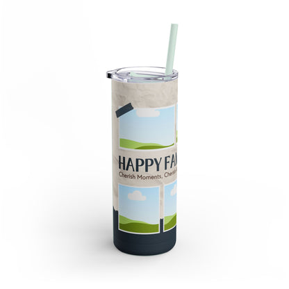 A set of three tall, stainless steel tumblers with clear lids and reusable straws. The tumblers feature a family-themed design with placeholder photo frames, soft beige backgrounds, and scenic green hills under a blue sky with white clouds. The words "HAPPY FAMILY" and the phrase "Cherish Moments, Cherish Family" are printed on the design, promoting family bonding and memories.


