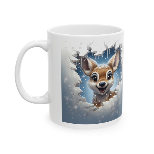 Adorable Deer-Themed Mug – Sublimation Design Featuring a Cute 3D-Like Illustration of a Cheerful Deer Peeking Through a Snowy Scene, Perfect for Holiday Beverages and Winter Celebrations.
