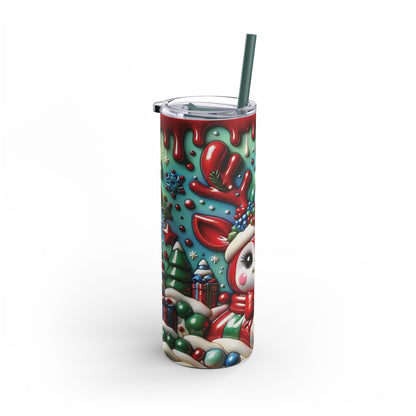 Christmas-themed stainless steel tumbler featuring a vibrant, festive design of a cheerful reindeer adorned with a Santa hat, holly, and colorful ornaments. The background showcases a playful green and red dripping pattern reminiscent of holiday candy. Includes a green straw and clear lid. Perfect for hot or cold beverages during the holiday season. Ideal for gifts or personal use. High-quality sublimation printing ensures durability and a vibrant finish.