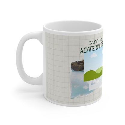 A white ceramic mug featuring a heartwarming father-themed design. The mug displays the phrase "Life's an Adventure" in playful font and includes a scenic illustration of green hills under a blue sky with white clouds. Below, there is a textured paper-like element with the words "WITH YOU, DAD" in bold, warm lettering. The design combines a grid background, nature-inspired imagery, and sentimental text to celebrate cherished moments with dad.