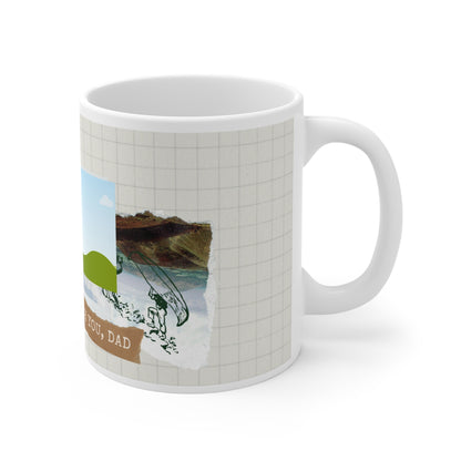 A white ceramic mug featuring a heartwarming father-themed design. The mug displays the phrase "Life's an Adventure" in playful font and includes a scenic illustration of green hills under a blue sky with white clouds. Below, there is a textured paper-like element with the words "WITH YOU, DAD" in bold, warm lettering. The design combines a grid background, nature-inspired imagery, and sentimental text to celebrate cherished moments with dad.